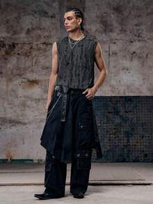 Men's Street-Style Distressed Textured Jacquard Crew Neck Sleeveless Fashion Tank Top - Dark Grey - View 3
