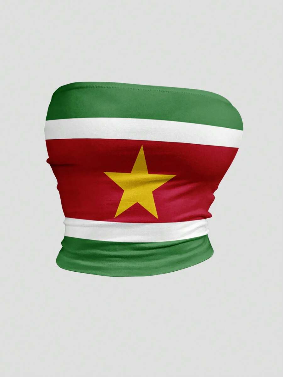 SHEIN HypeZone Women's Summer Bandeau Top With Suriname National Flag And Football World Cup Design - Multicolor - View 1