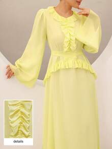 Graceveil Elegante vestido de vacaciones con cuello con volantes, cintura con lazo, mangas largas y bajo acampanado, grácil y hermoso - Amarillo - Ver 3