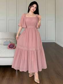 Vestido midi de encaje con bloques de color y estampado floral para mujeres, atuendo de vacaciones, Pascua y estilo bohemio - Rosa - Ver 4
