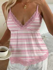 CovetEZ Áo tank top ôm sát dáng babydoll cổ điển dành cho nữ, có phần ngực nhún bèo, họa tiết sọc tương phản và phối ren, thích hợp cho mặc hàng ngày và đi nghỉ mát ở bãi biển. - Nhiều màu - Xem 6