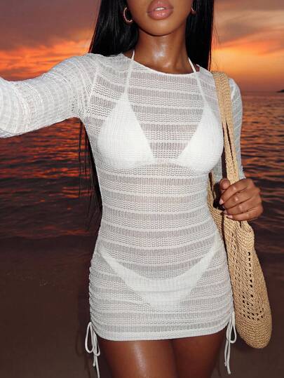 Slaydiva 女士时尚白色针织沙滩裙，修身沙滩裙，休闲度假风，适合夏季假期，镂空设计，适合大码女性，可作罩衫