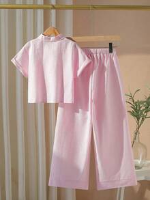 2pcs/Set Girls Striped Woven Cotton Short Sleeve Shirt With Wide Leg Pants Set, Casual Spring/Summer Holiday Outfit - Pink - View 2