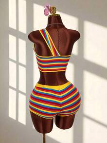 Amplova Women's Striped Twist Knot Sleeveless Top And Shorts 2 Pieces Set, Vacation - Multicolor - View 2