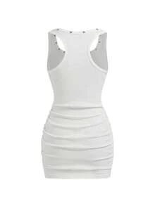 ROMWE Grunge Punk 女士复古坏女孩男女通用街头风休闲星星铆钉印花紧身迷你连衣裙 - 白色 - 查看 2