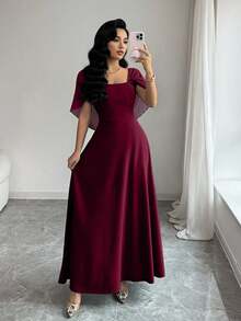 Modelyn Women's Square Neck Waist Gathered A-Line Long Dress, Elegant Romantic Everyday Wear - Burgundy - View 6
