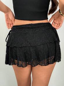 SHEIN PETITE 女士休闲低腰抽绳蝴蝶结蕾丝双层蛋糕裙，适合日常穿着 - 黑色 - 查看 2