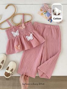Cozy Pixies Babygirl Cute Summer Pink Chiffon Butterfly Decor Camisole Top And Elastic Waist Pants Set - Dusty Pink - View 5