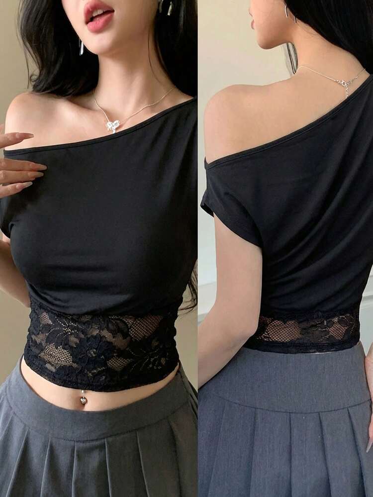 Women's Summer Asymmetrical Shoulder Short Sleeve Lace Patchwork Sexy Casual Pullover Elegant T-Shirt