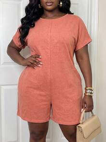 Slaydiva Burnt Orange Summer Plus Size Women Jumpers And Rompers,Smart Casual Elegant Minimalist Casual Resort Streetwear,Daily Wear Cruise Travel Hiking,Beach - Orange - View 7