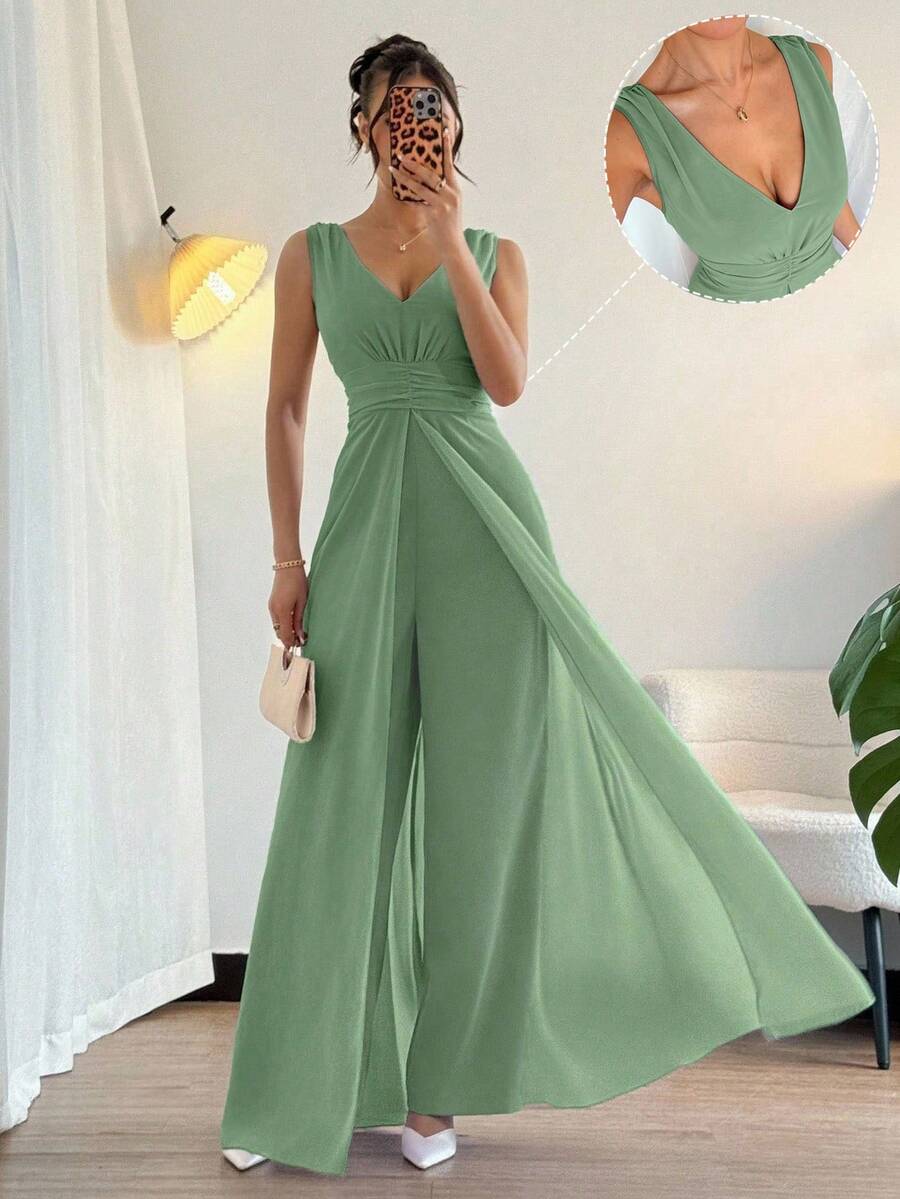 Rafferiza Elegant V-Neck Ruched Waist Pearl Chiffon Wide Leg Jumpsuit, Suitable For Wedding Guest Dress, Purple - Mint Green - View 1
