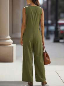 LUMIGAL Bộ jumpsuit nữ không tay cổ chữ V có túi cài cúc, ống đứng, thời trang xuân/hè. - xanh quân đội - Xem 2