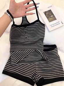 Glimmora 2pcs Women Casual Striped Camisole Top And Shorts Set - Grey - View 4