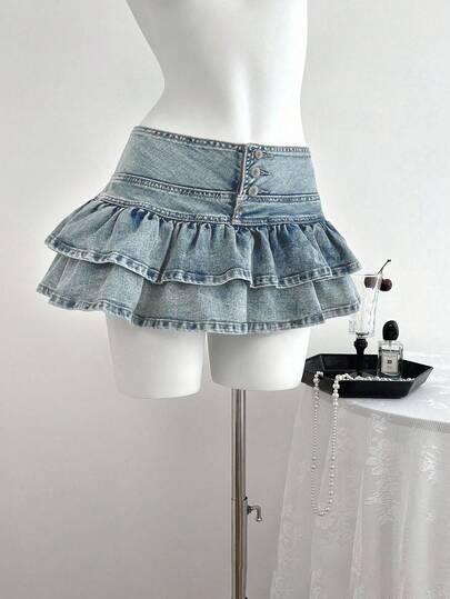 SHEIN CURVE+ Chân váy mini denim co giãn cỡ lớn dành cho nữ, chân váy siêu ngắn cạp cao xếp ly, chân váy denim dáng chữ A gợi cảm kiểu sinh viên mùa hè mới, trang phục cao bồi cho nữ.