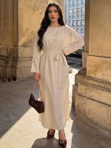Selianne Vestido Longo Elegante de Estilo Resort Feminino, Cor Sólida com Decoração de Pérola Falsa no Cinto, Primavera/Outono - Damasco - Visão 6