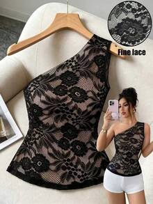 Elenzga Blusa elegante francesa de hombro asimétrico y encaje, ajustada y sin mangas, minimalista y versátil para uso diario en verano - Negro - Ver 7
