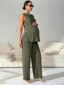 MaterniWear Bộ đồ cho bà bầu 2 món: Áo tank top gân màu trơn và quần dài cạp chun có thể điều chỉnh. - xanh quân đội - Xem 8
