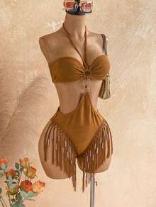 Soleia Nouvelle combinaison sexy à col ras-du-cou, taille ajourée avec franges , style bohème, romantique à fleurs, pour les vacances - Tabac - Voir 3