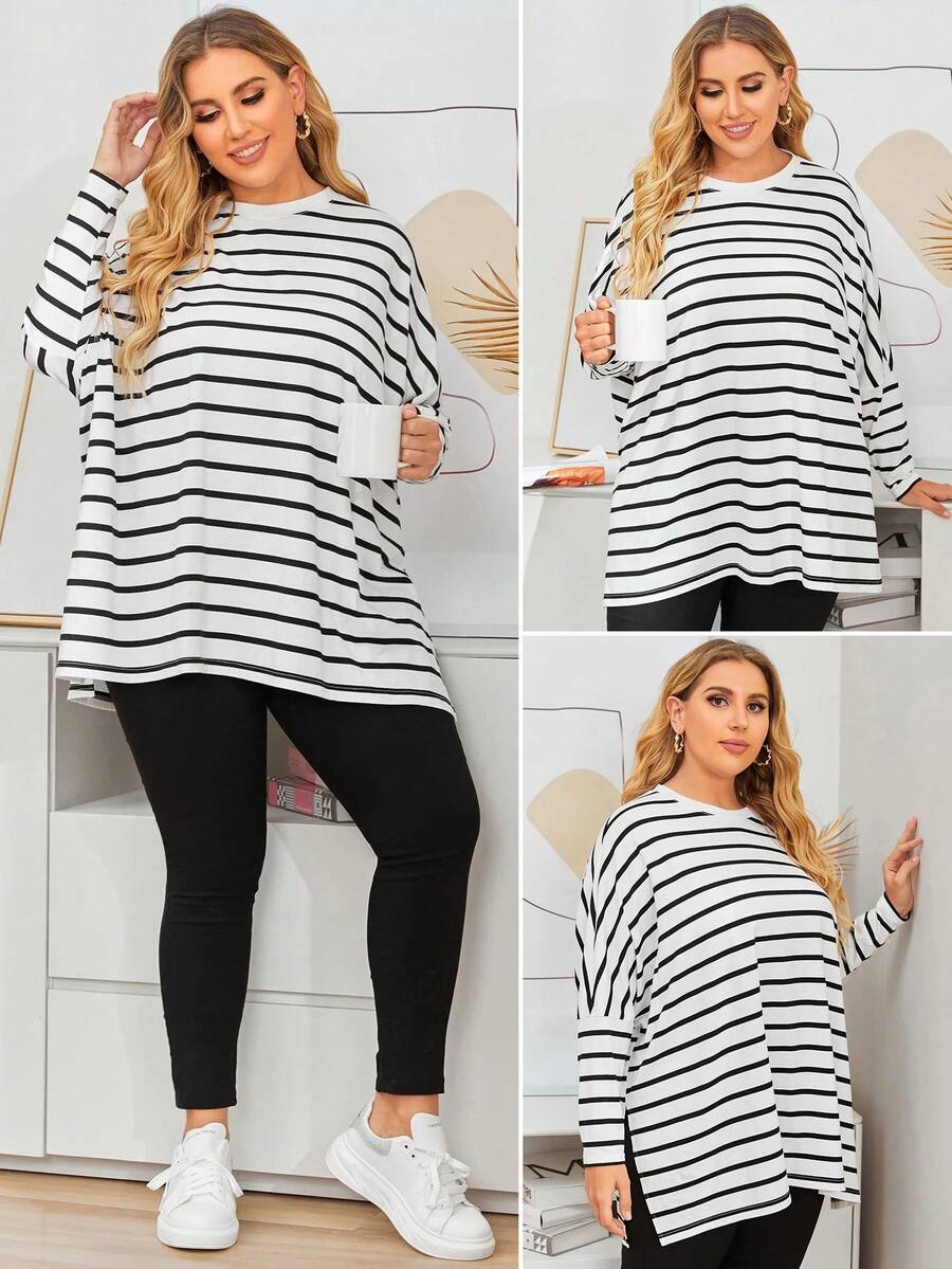 Mulvari Plus Striped Print Dolman Sleeve Split Hem Tee