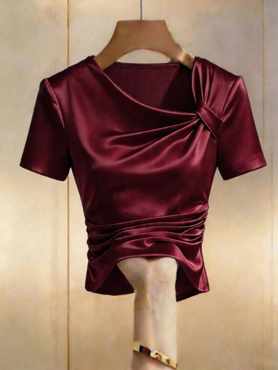 Franclia Women's Asymmetrical Neck T-Shirt, Women's Knitted Rib Elastic Fitted T-Shirt - Burgundy - View 1