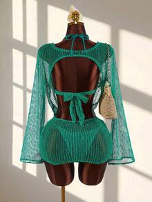 Amplova 3pcs Women's Sexy Halter Bikini Set - Top, Bottom, And Cover-Up Summer Beach Vacation Bathing Suit - Green - View 2