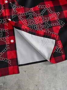 AXEPEAK Men's Summer Casual Plaid Patchwork Spider Web Rhinestone Embellished Shirt - Black - View 7