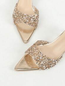 Sirith Sandalias de tacón grueso con cristales para mujer, elegantes y encantadoras, de slip-on y punta abierta, con destellos para fiestas, clásicas y glamorosas en color champán - Champán - Ver 16