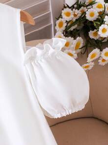 SHEIN Elladie kids Áo sơ mi cổ bẻ tay phồng màu trắng cho bé gái tuổi teen, trang phục thời trang đa năng phù hợp đi làm, áo blouse trắng. - trắng - Xem 4