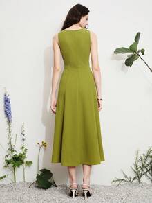 Aveloria Modichic Robe sans manches pour femmes vert citron, silhouette ajustée en forme de A, décolleté en V avec découpe et décoration d'un anneau métallique géométrique, robe de bureau élégante et minimaliste pour femmes - Vert - Voir 7