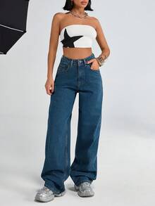 EURMUSE Damen Jeans mit hoher Taille, Taschen, gerade, locker, vielseitig - Mittele Waschung - Übersicht 5