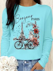 SHEIN LUNE 浪漫巴黎春夏清爽数码印花休闲舒适百搭时尚女式长袖T恤 - 水鴨藍 - 查看 3