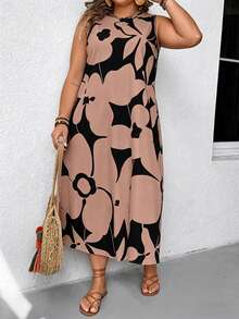 EMERY ROSE Plus Size Women Summer Beach Vacation Floral Print Sleeveless Loose Dress - Coffee Brown - View 4