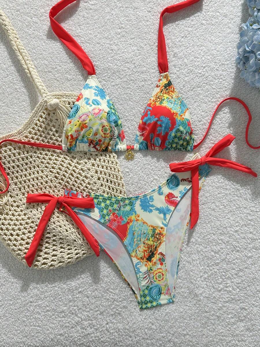 Swim Vcay Bộ bikini hai mảnh in họa tiết hoa nhiều màu sắc, gồm áo tam giác buộc dây cổ và quần buộc nơ bên hông, thích hợp cho mùa hè đi biển. - Nhiều màu - Xem 1