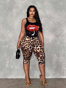 Slaydiva Primăvară/Vară Noutate Completă Casual Vacanță Croazieră Călătorie Plajă Bronzare Viral Streetwear Femei Mărime Plus 2 buc Set Spaghete Bretele Maiou cu Imprimeu Leopard și Pantaloni Capri Leopard Set Pantaloni Capri Set - Negru - Vizualizare 3