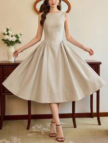age beige claro para mujer con bolsillos, espalda descubierta y lazo, atuendo de verano para fiesta de té, invitada de boda, graduación, baile de graduación, vacaciones y concierto campestre - Albaricoque - Ver 4