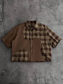AXEPEAK Herren kariertes Patchwork Kurzarm Lässiges Hemd mit Einzelknopfleiste - Kaffeebraun - Übersicht 2