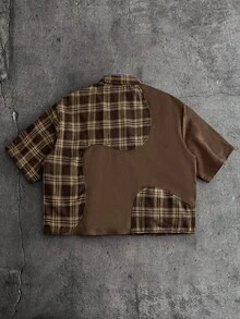 AXEPEAK Herren kariertes Patchwork Kurzarm Lässiges Hemd mit Einzelknopfleiste - Kaffeebraun - Übersicht 3