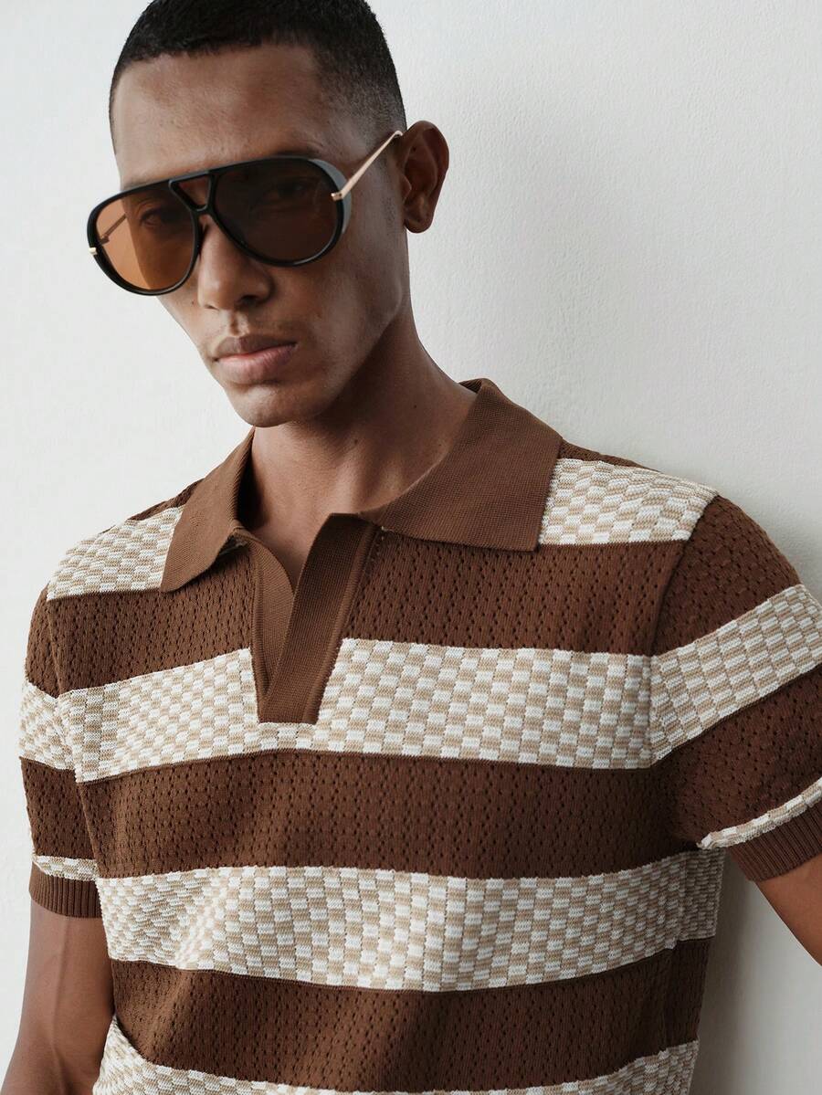 MENRIVO 男士条纹Polo领短袖休闲针织上衣，秋季 - 彩色 - 查看 1