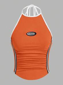 SHEIN ICON Áo tank top nữ cổ yếm xếp ly in chữ, kiểu dáng thường ngày. - trái cam - Xem 1
