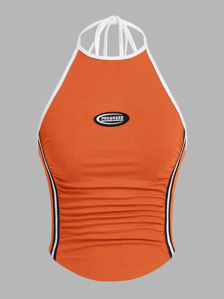 SHEIN ICON Áo tank top nữ cổ yếm xếp ly in chữ, kiểu dáng thường ngày. - trái cam - Xem 1