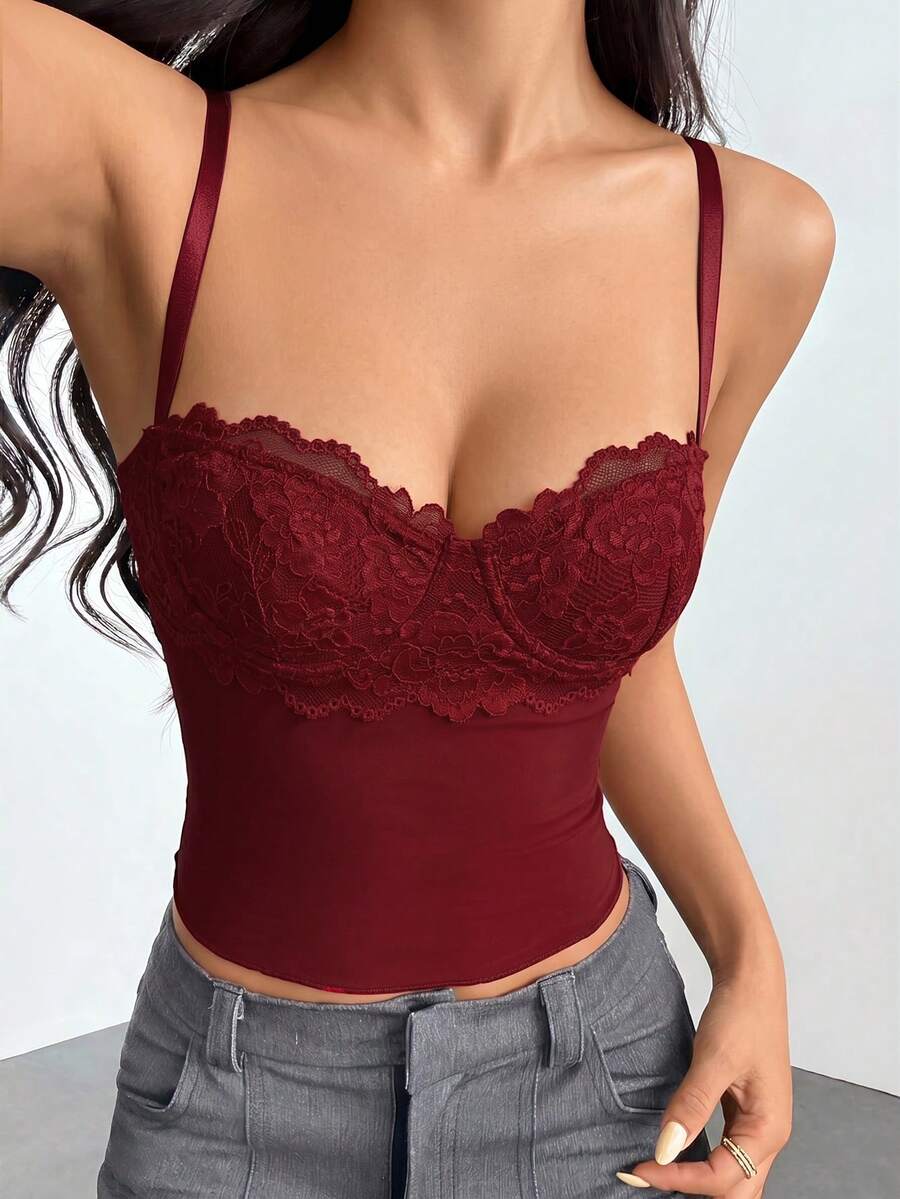 SHEIN PETITE 優雅酒紅色夏季女款上衣,時尚蕾絲飾邊修身細肩帶背心,適合約會之夜、夜店、派對、晚宴及日常穿著,適合嬌小女性 - 酒紅色 - 查看 1