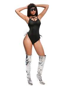 AltBold Women's Sexy Rock Punk Rivet Criss-Cross Halter Jumpsuit - Black - View 3