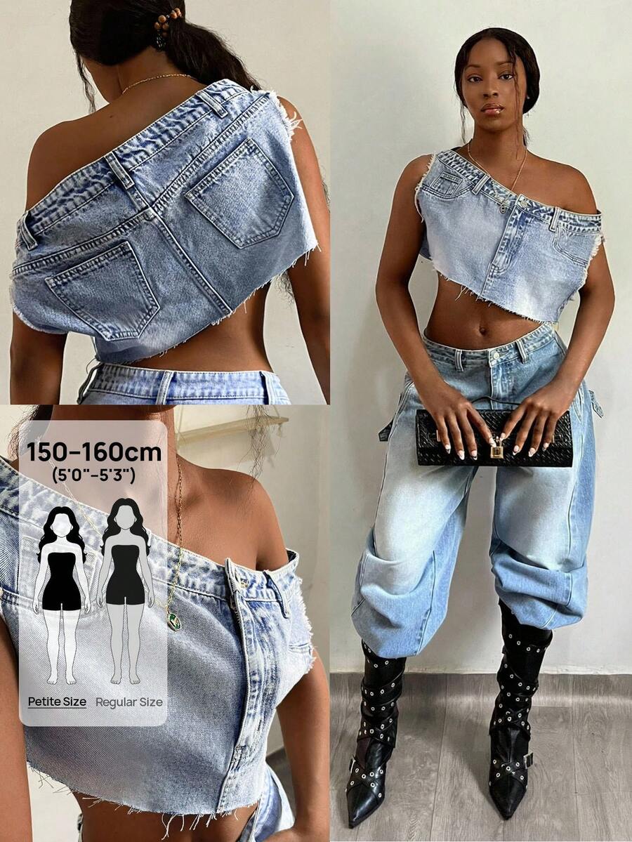 SHEIN PETITE Women's Frayed Hem Sexy Cropped Denim Asymmetrical Shoulder Top - Light Wash - View 1