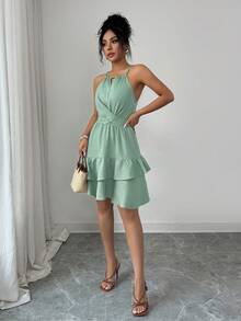 Elenzga Women's Spring/Summer Elegant Khaki Beaded Bow-Tie Sleeveless Fitted Flared Mini Dress - Green - View 3