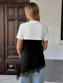 SHEIN PariChic Áo nữ cổ tròn tay ngắn kiểu 2 trong 1 viền ren vạt bất đối xứng ôm sát - Đen và trắng - Xem 2