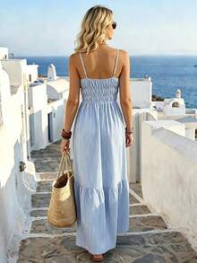 SHEIN Holidaya Women's Spaghetti Strap Ruched Elastic Waist Blue And White Stripe Dress,Summer Boho Beach Vacation Holiday Holiday,Elegant Casual Dress - Blue - View 2