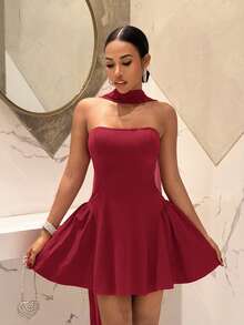 Slaydiva 2025新款派对、生日、鸡尾酒会、情人节、万圣节、圣诞节、婚礼、日常穿着法式无肩带A字公主迷你连衣裙 - 红色 - 酒紅色 - 查看 7