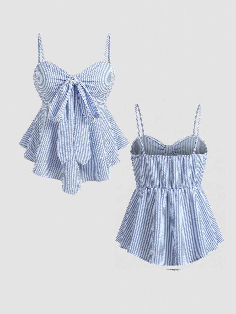 SHEIN Y2K Coquette風格藍白條紋抓皺胸衣吊帶上衣,前胸蝴蝶結設計,仙女風學院風 - 藍白色 - 查看 1