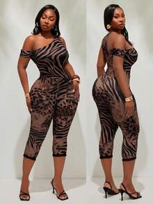 Radiana Plus Size Women's Brown Summer Classy Night Out Club Jumpsuit,Casual Asymmetrical Neckline 3/4 Sleeve Checkered Capris For Music Festivals,Rave - Brown - View 2