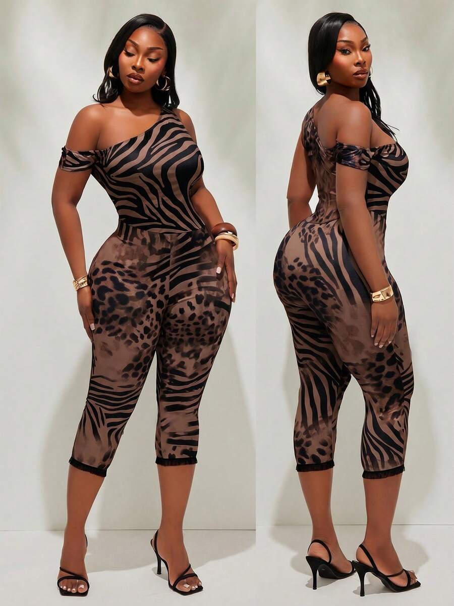 Radiana Plus Size Women's Brown Summer Classy Night Out Club Jumpsuit,Casual Asymmetrical Neckline 3/4 Sleeve Checkered Capris For Music Festivals,Rave